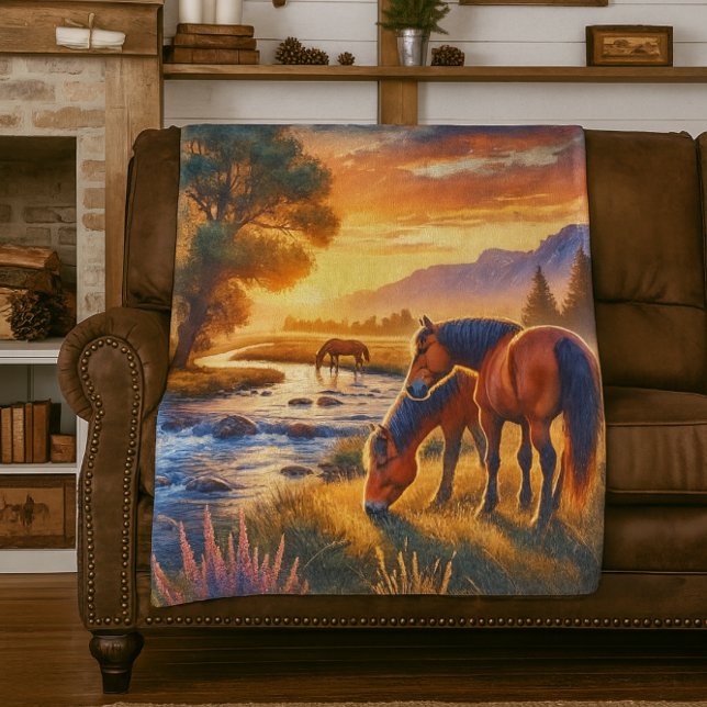 Mustang Horse Grazing by Stream at Sunset  Fleece Blanket (Cozy Western fleece blanket with wild horse artwork )