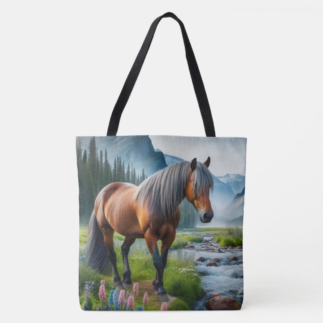 Mustang Horse Stream and Mountains Tote Bag (Front)