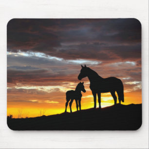 Mustang Mare and Foal Silhouette With Sunset Mouse Mat