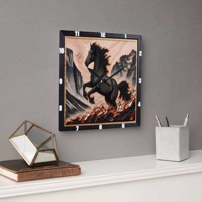 Mustang Stallion Kicking in a High Plateau Square Wall Clock (Office)