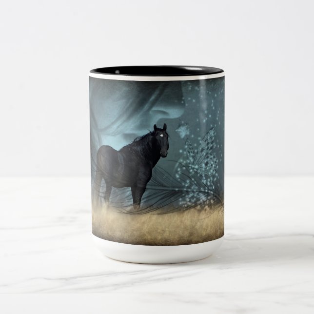 Mustang Wild Black Stallion and Cloud BeverageMug  Two-Tone Coffee Mug (Center)