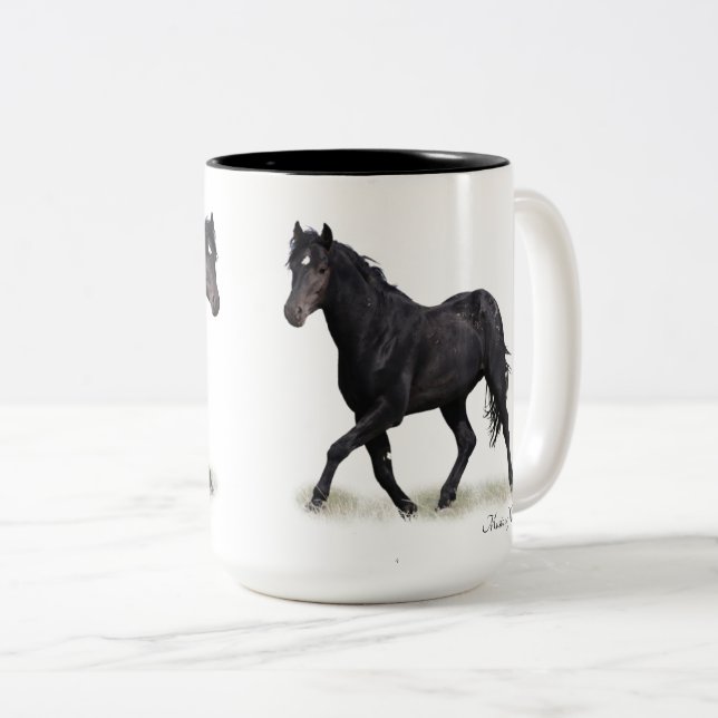 Mustang Wild Black Stallion and Cloud BeverageMug  Two-Tone Coffee Mug (Front Right)