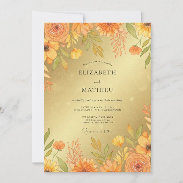 Mustard Amber Wildflower Wedding Invitation (Front)