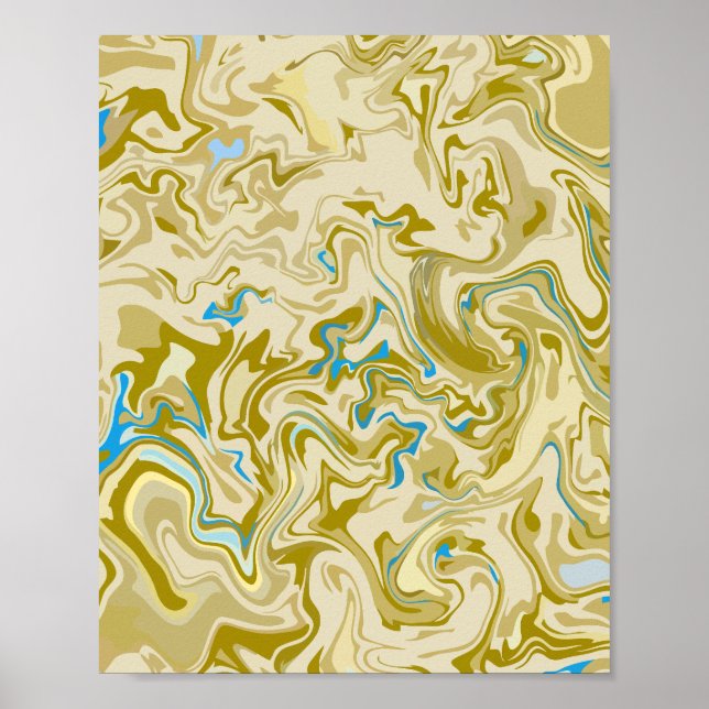 Mustard and Blue Abstract Fluid Art Poster (Front)