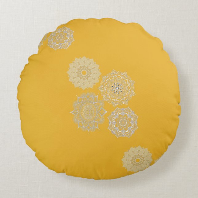 Mustard and Mandalas Round Cushion (Front)