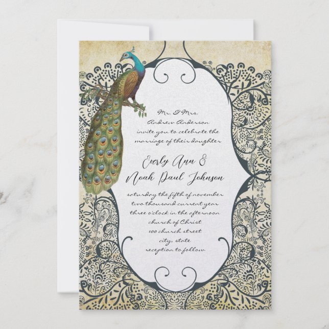 Mustard and Navy Peacock Love Bird Pattern Wedding Invitation (Front)