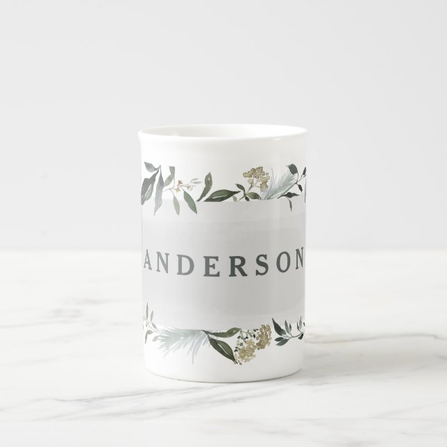 Mustard and olive watercolor foliage personalised bone china mug (Front)