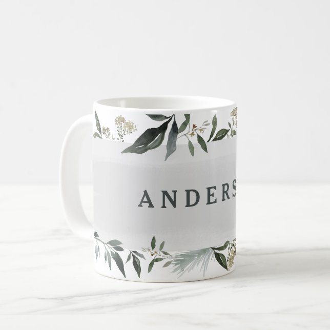 Mustard and olive watercolor foliage personalised coffee mug (Front Left)
