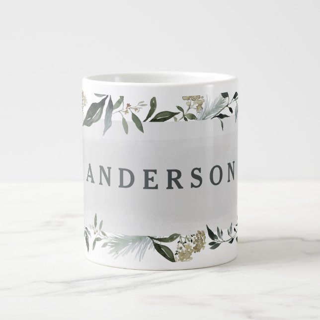 Mustard and olive watercolor foliage personalised large coffee mug (Front)