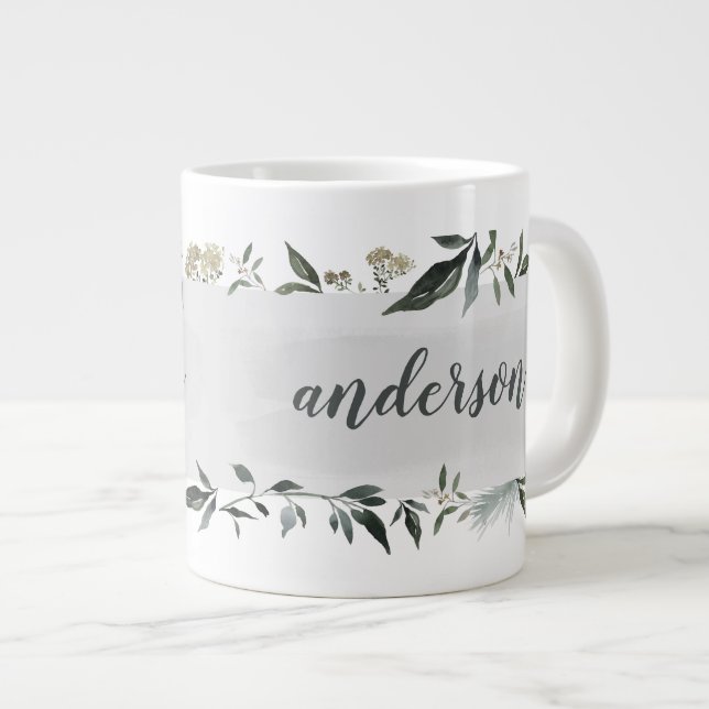 Mustard and olive watercolor foliage personalised  large coffee mug (Front Right)
