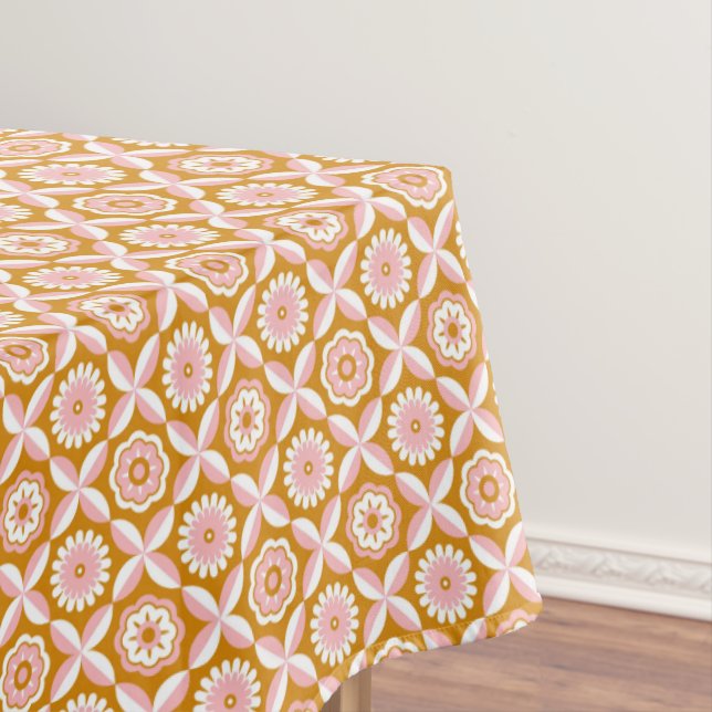Mustard and pink retro flowers tablecloth (In Situ)