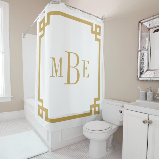 Mustard and White Greek Key | Monogrammed Shower Curtain (In Situ)