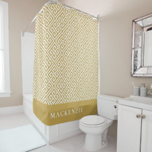 Mustard and White Greek Key Name Monogram Shower Curtain