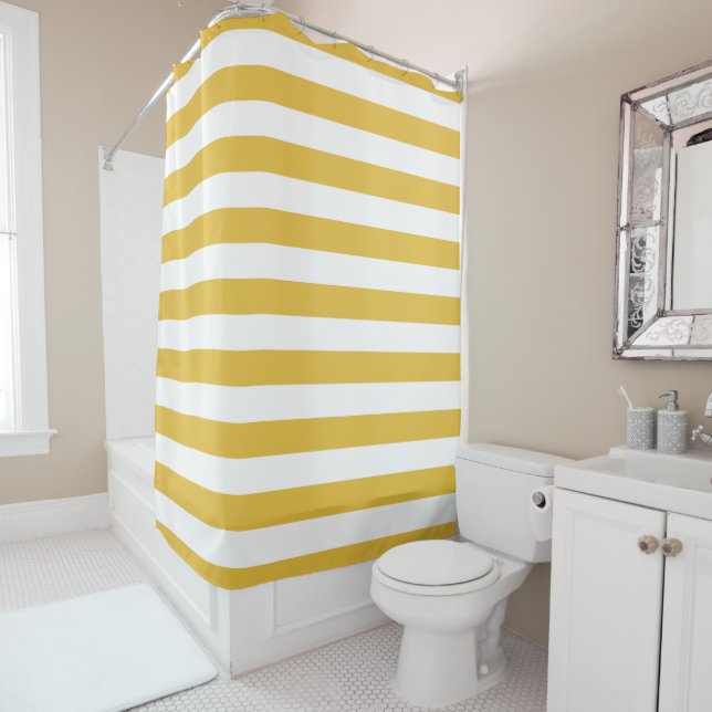 Mustard and White Striped Shower Curtain (In Situ)