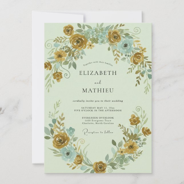 Mustard Aqua Ranunculus Eucalyptus Wedding Invitation (Front)