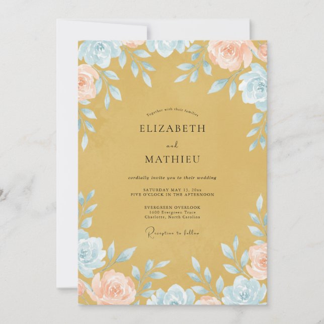 Mustard Aqua Wildflower Wedding Invitation (Front)