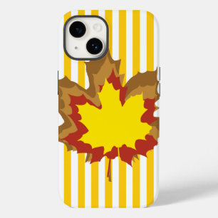Mustard Autumnal Stripes with Leaves Case-Mate iPhone 14 Case