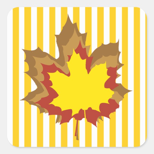 Mustard Autumnal Stripes with Leaves Square Sticker (Front)