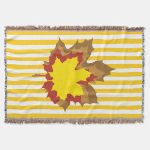 Mustard Autumnal Stripes with Leaves Throw Blanket