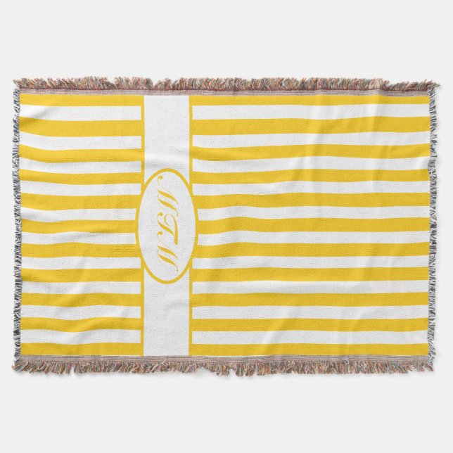 Mustard Autumnal Stripes with monogram Throw Blanket (Front)