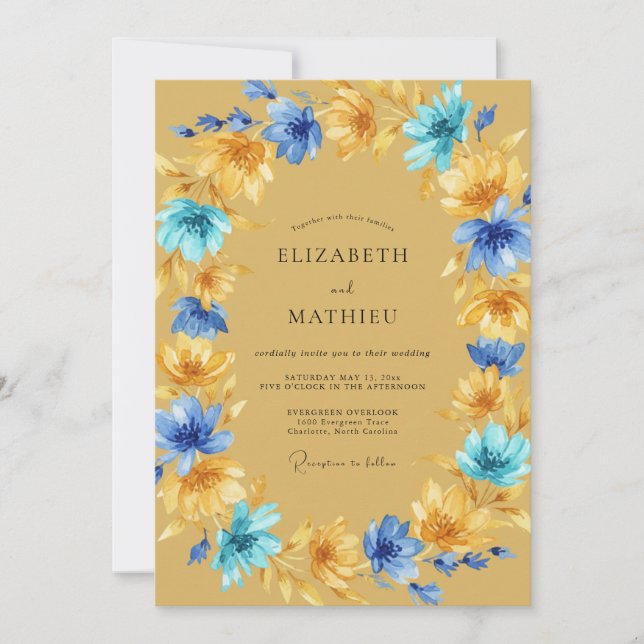 Mustard Azure Blossom Wedding Invitation (Front)