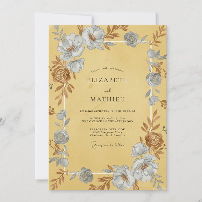 Mustard Azure Ranunculus Eucalyptus Wedding Invitation (Front)