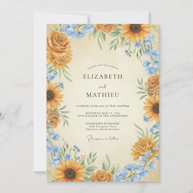 Mustard Azure Sunflower Eucalyptus Wedding Invitation (Front)