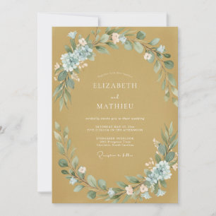 Mustard Blue Watercolor Floral Wedding Invitation