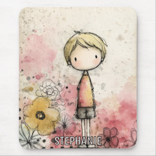 Mustard Boy Portrait with Black Floral Line Art Mouse Mat