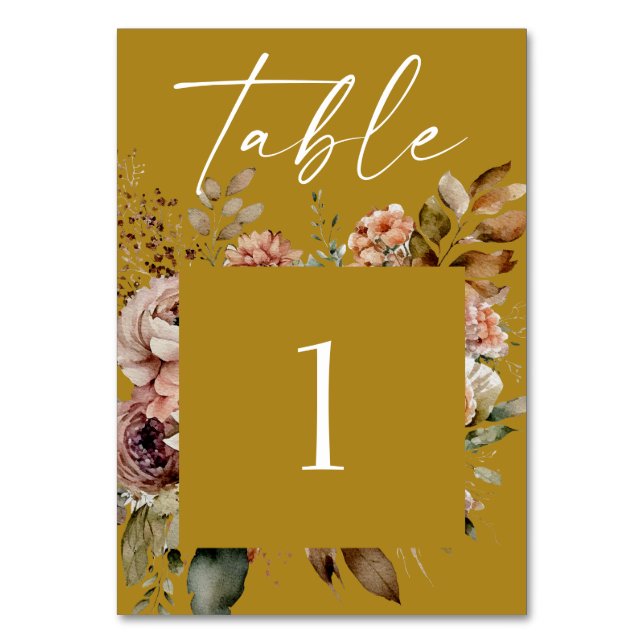 Mustard Brown Floral Wedding | Elegant Fall Boho Table Number (Front)