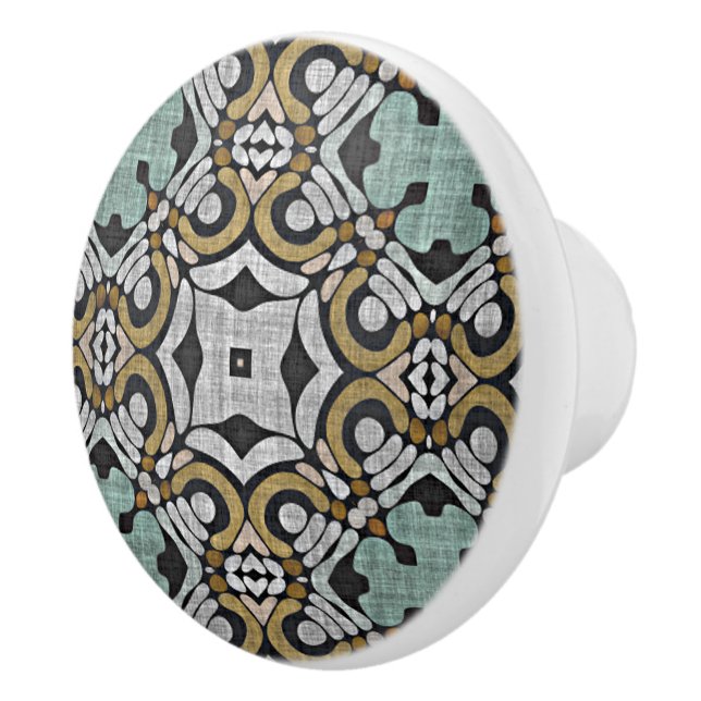 Mustard Brown Teal Green Grey Black Tribe Art Ceramic Knob (Right)
