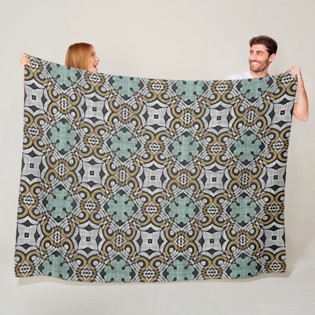 Mustard Brown Teal Green Grey Black Tribe Art Fleece Blanket (In Situ)