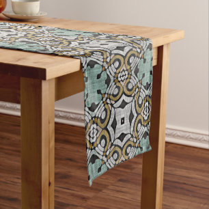 Mustard Brown Teal Green Grey Black Tribe Art Medium Table Runner