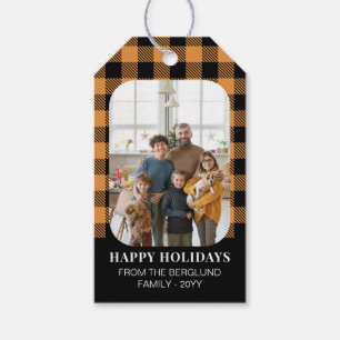Mustard Buffalo Check Photo Happy Holidays Gift Tags