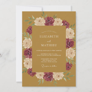 Mustard Burgundy Ranunculus Eucalyptus Wedding Invitation