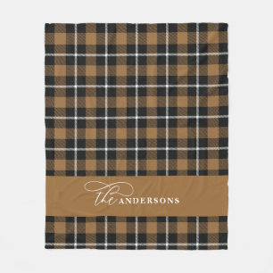 Mustard check tartan script personalised family fleece blanket