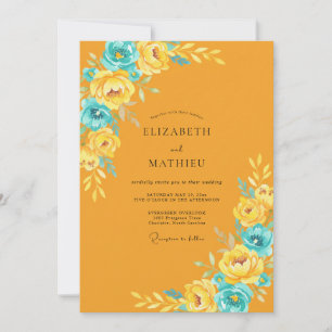 Mustard Cyan Ranunculus Eucalyptus Wedding Invitation
