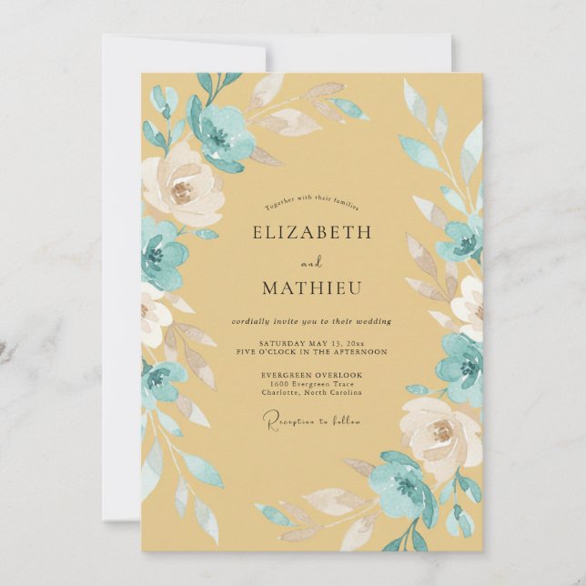 Mustard Cyan Wildflower Wedding Invitation (Front)