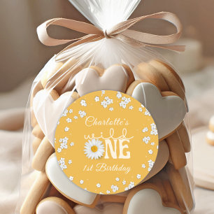 Mustard Daisy Wild One 1st Birthday Paper Plate Classic Round Sticker