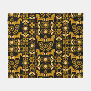 Mustard Dala Swedish Horse Print Fleece Blanket