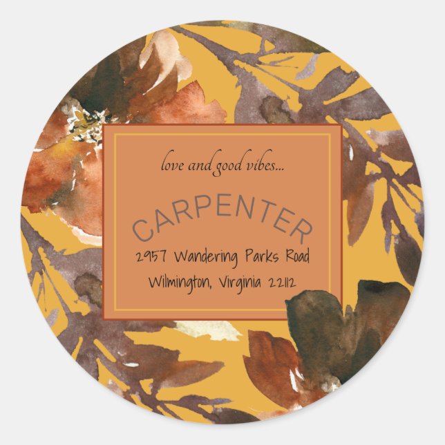 Mustard Fall Foliage Love & Good Vibes Classic Round Sticker (Front)