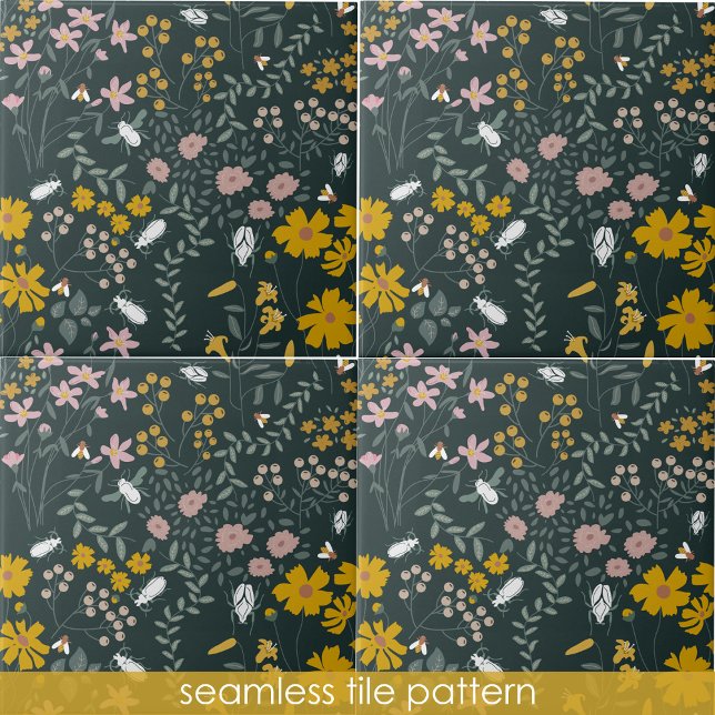 Mustard Floral Beetles & Bees Bohemian Flowers Tile (Mustard Floral Beetles & Bees Bohemian Wildflowers Ceramic Tile)