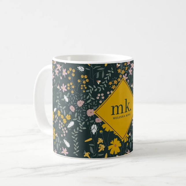 Mustard Floral Beetles & Bees Bohemian Wildflowers Coffee Mug (Front Left)