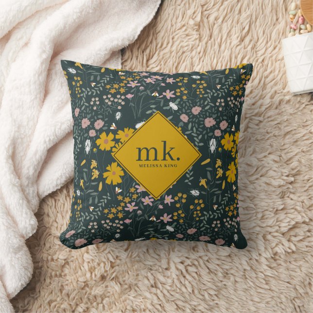 Mustard Floral Beetles & Bees Bohemian Wildflowers Cushion (Blanket)