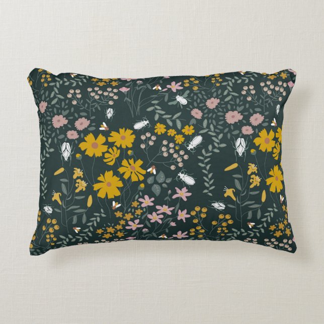 Mustard Floral Beetles & Bees Bohemian Wildflowers Decorative Cushion (Front)