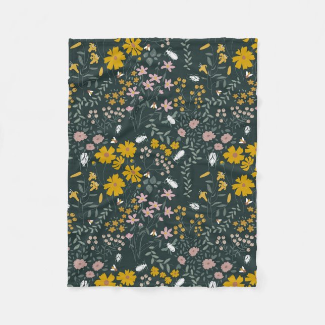 Mustard Floral Beetles & Bees Bohemian Wildflowers Fleece Blanket (Front)