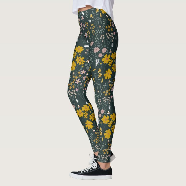 Mustard Floral Beetles & Bees Bohemian Wildflowers Leggings (Left)