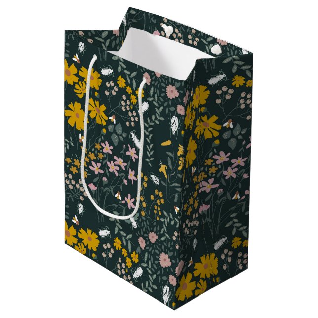 Mustard Floral Beetles & Bees Bohemian Wildflowers Medium Gift Bag (Front Angled)