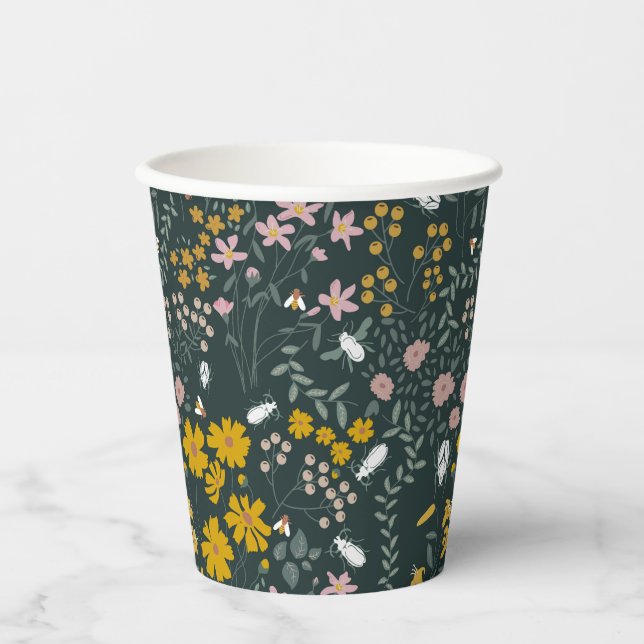 Mustard Floral Beetles & Bees Bohemian Wildflowers Paper Cups (Front)
