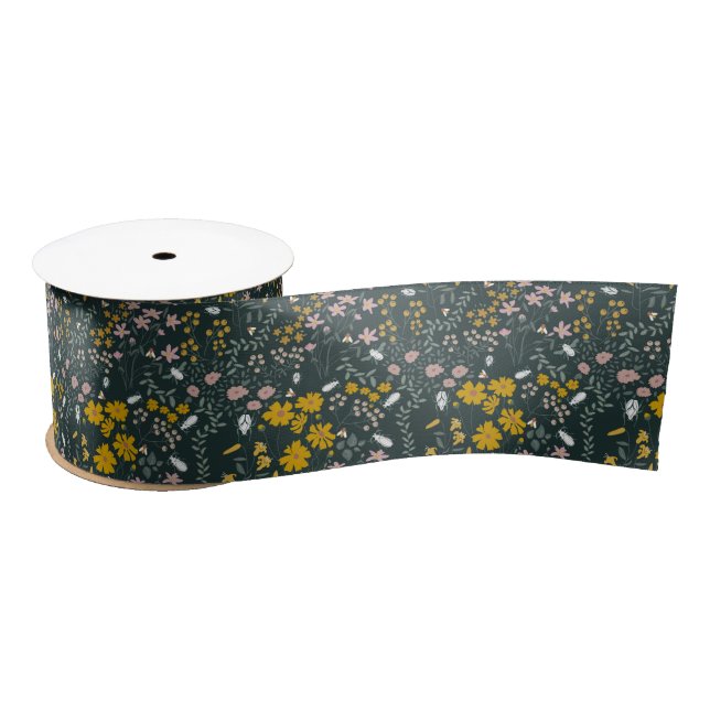 Mustard Floral Beetles & Bees Bohemian Wildflowers Satin Ribbon (Spool)